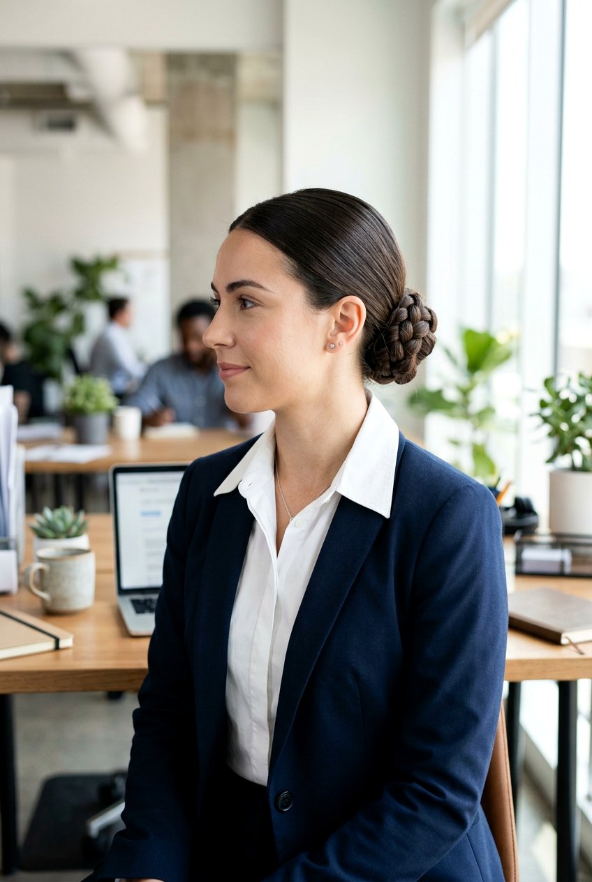 Low Braided Office Bun - 20 protective office hairstyles - 20 protective office hairstyles