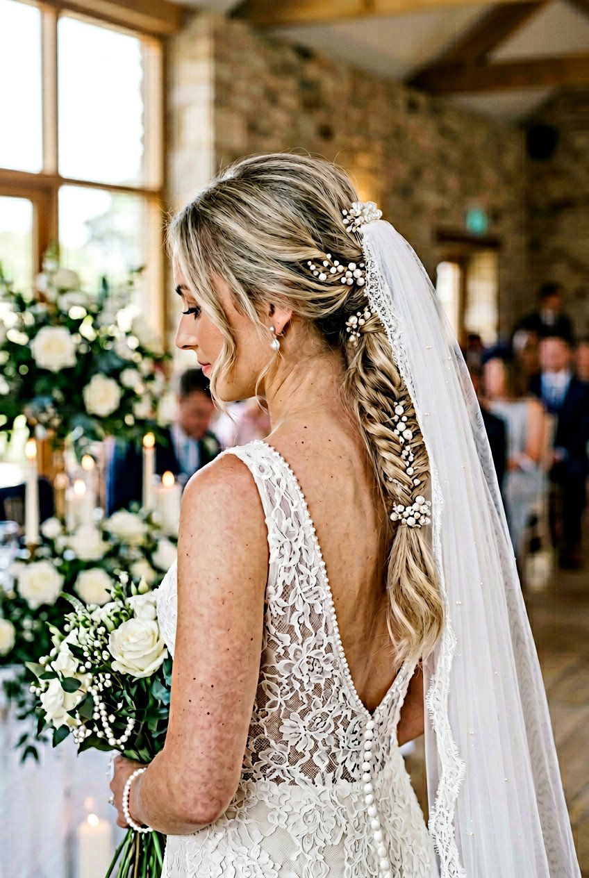 Low Braided Pearl Ponytail For Brides - 20 pearl ponytail hairstyle - 20 pearl ponytail hairstyle