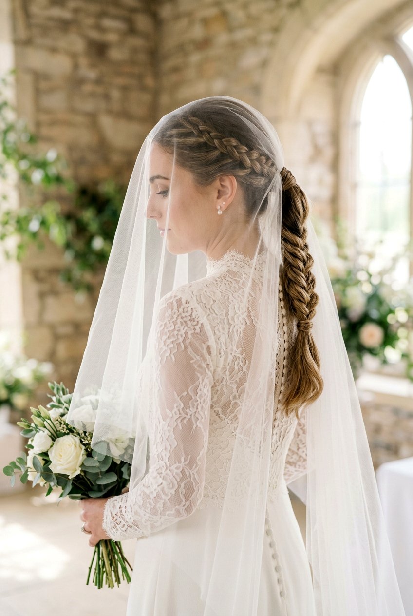 Low Braided Ponytail With Blusher Veil - 20 bridal braid ponytail with veil - 20 bridal braid ponytail with veil