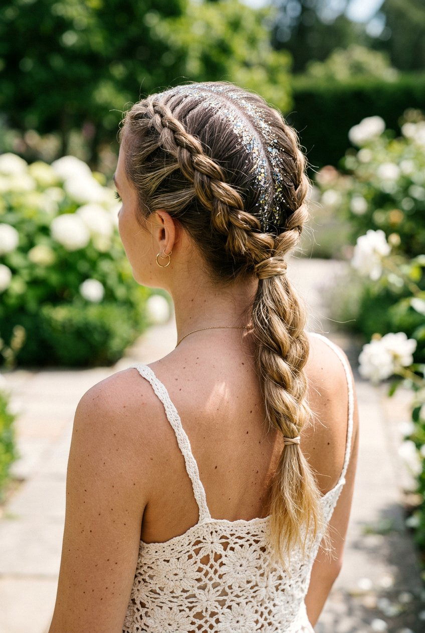 Low Braided Ponytail With Glitter Parting - 20 festival braid ponytail with glitter - 20 festival braid ponytail with glitter