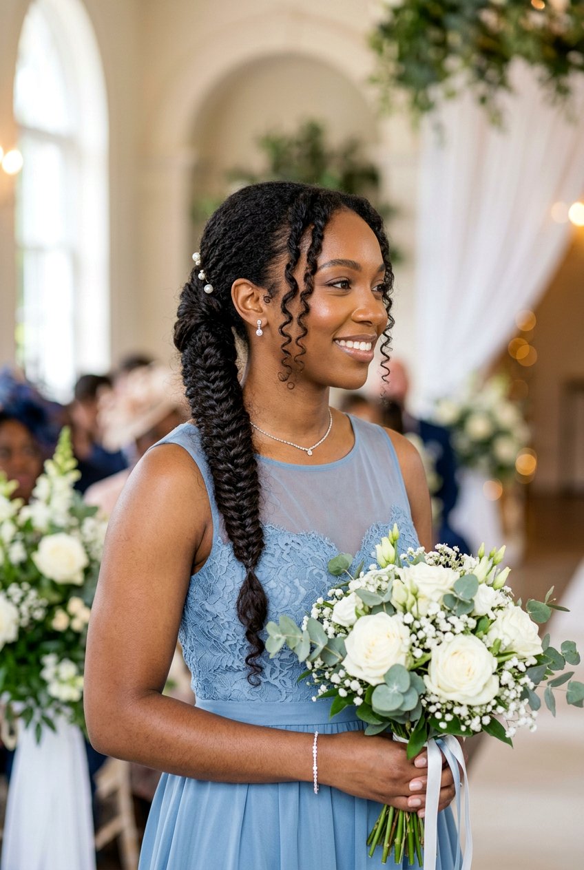 Low Braided Ponytail with Fishtail Detail - 20 bridesmaid braid ponytail for black women - 20 bridesmaid braid ponytail for black women