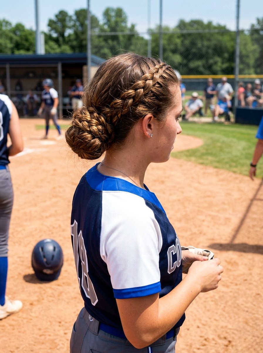 Low Braided Top Knot For Softball - 20 softball hairstyle with low braid - 20 softball hairstyle with low braid