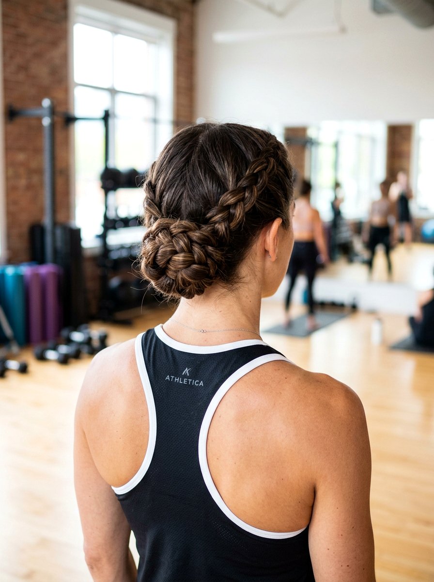 Low Braided Top Knot - 20 gym hairstyle with low braid bun - 20 gym hairstyle with low braid bun