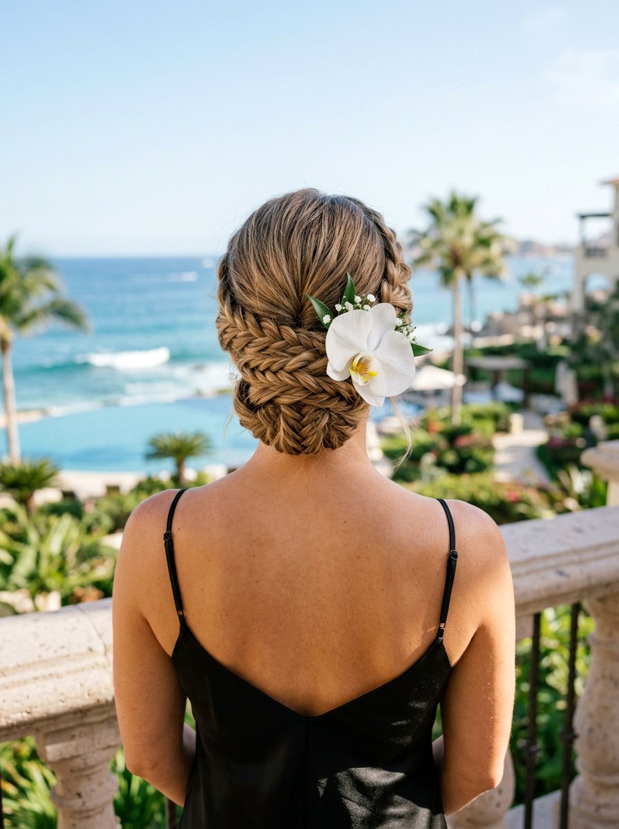 Low Braided Updo For Resort - 20 resort braid hairstyle - 20 resort braid hairstyle