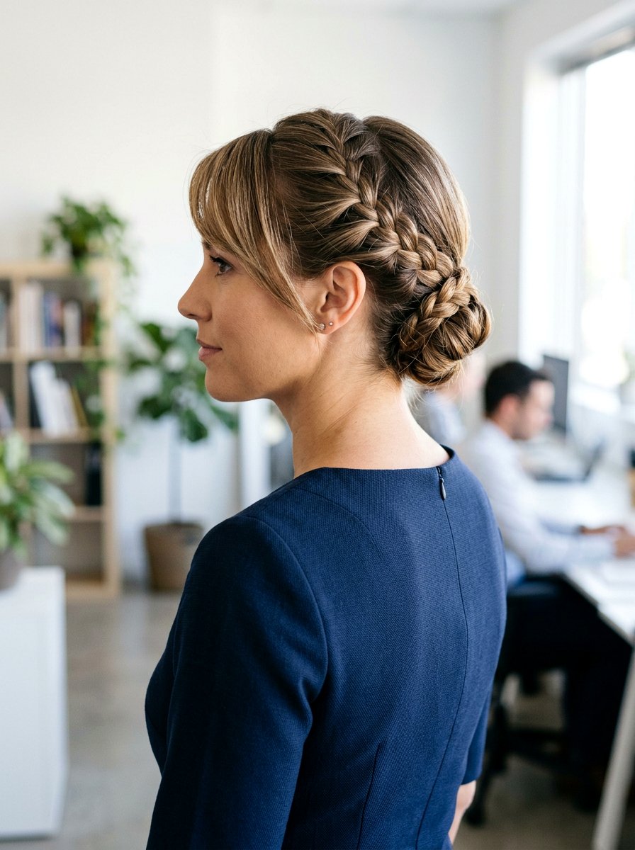 Low Braided Updo With Side Bangs - 20 office hairstyle for women with bangs - 20 office hairstyle for women with bangs