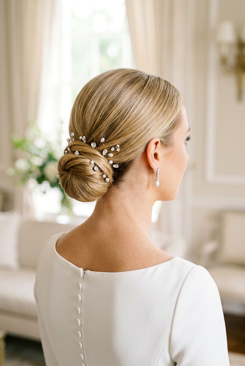 Low Bridal Bun With Crystal Hairpins - 20 crystal hairpin bridal hairstyle - 20 crystal hairpin bridal hairstyle