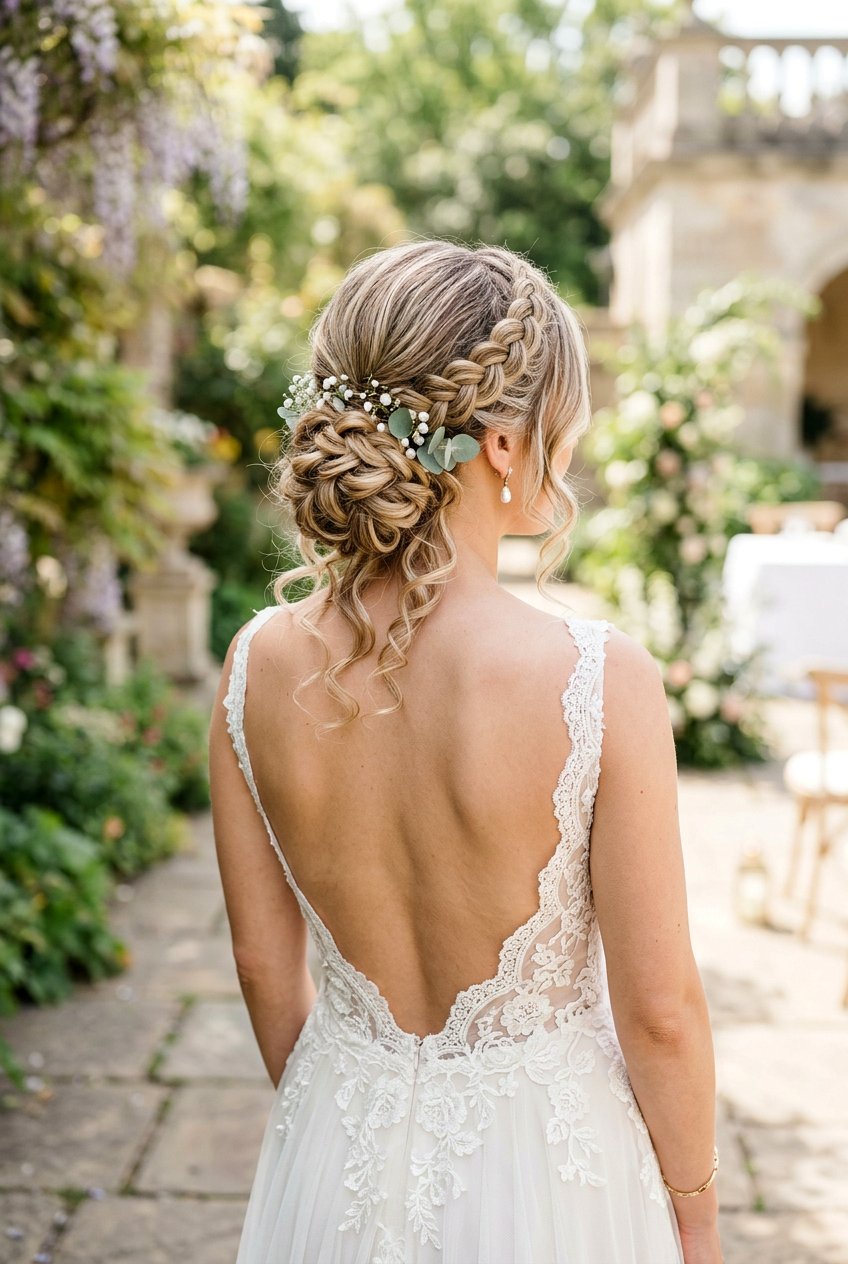 Low Bun Bridal Braid Crown With Loose Curls - 20 bridal braid crown with loose curls - 20 bridal braid crown with loose curls