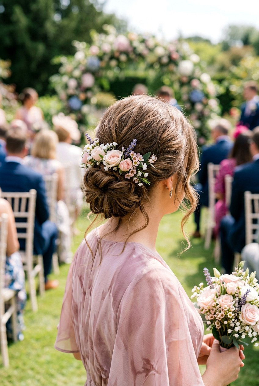 Low Bun Bridesmaid Hair With Floral Pins - 20 bridesmaid low bun hairstyle - 20 bridesmaid low bun hairstyle