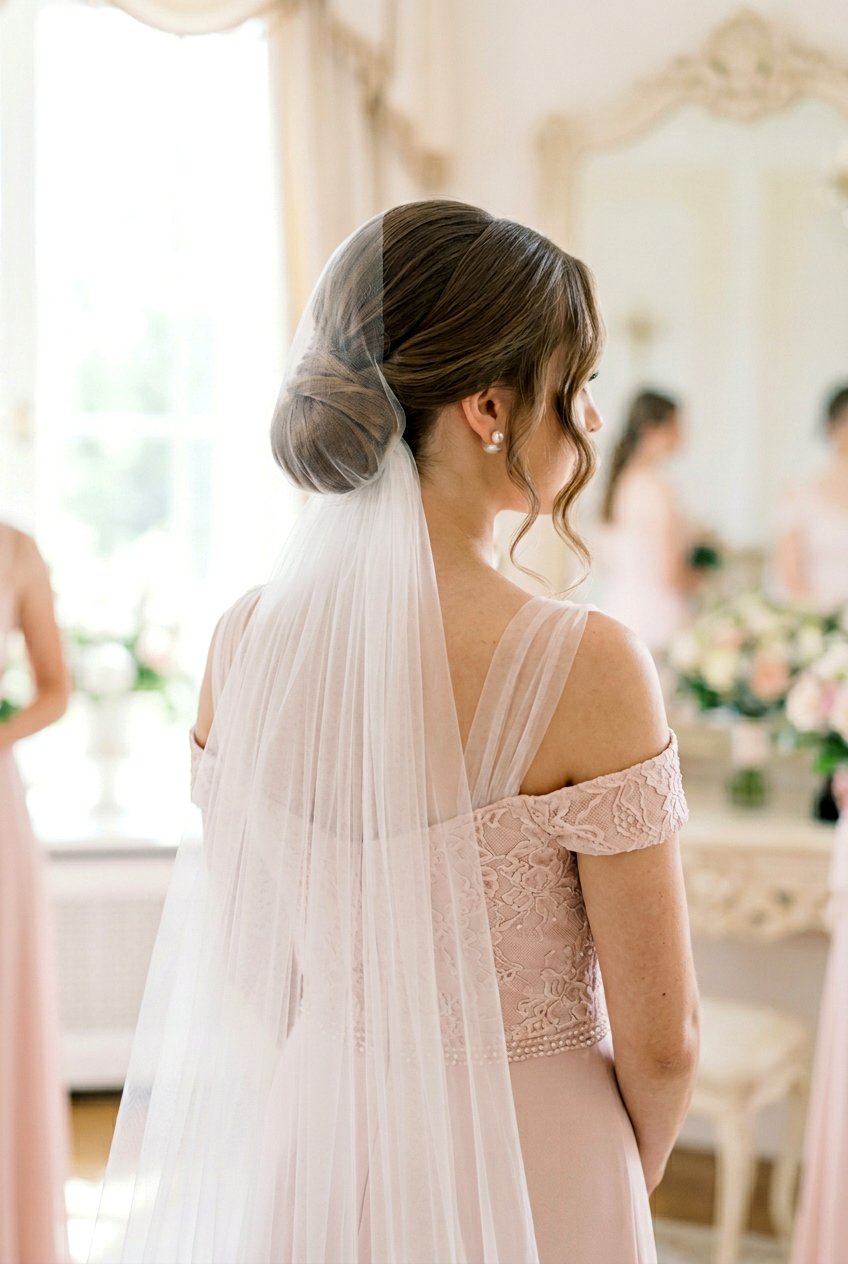 Low Bun Bridesmaid Hair With Veil Or Cape - 20 bridesmaid low bun hairstyle - 20 bridesmaid low bun hairstyle