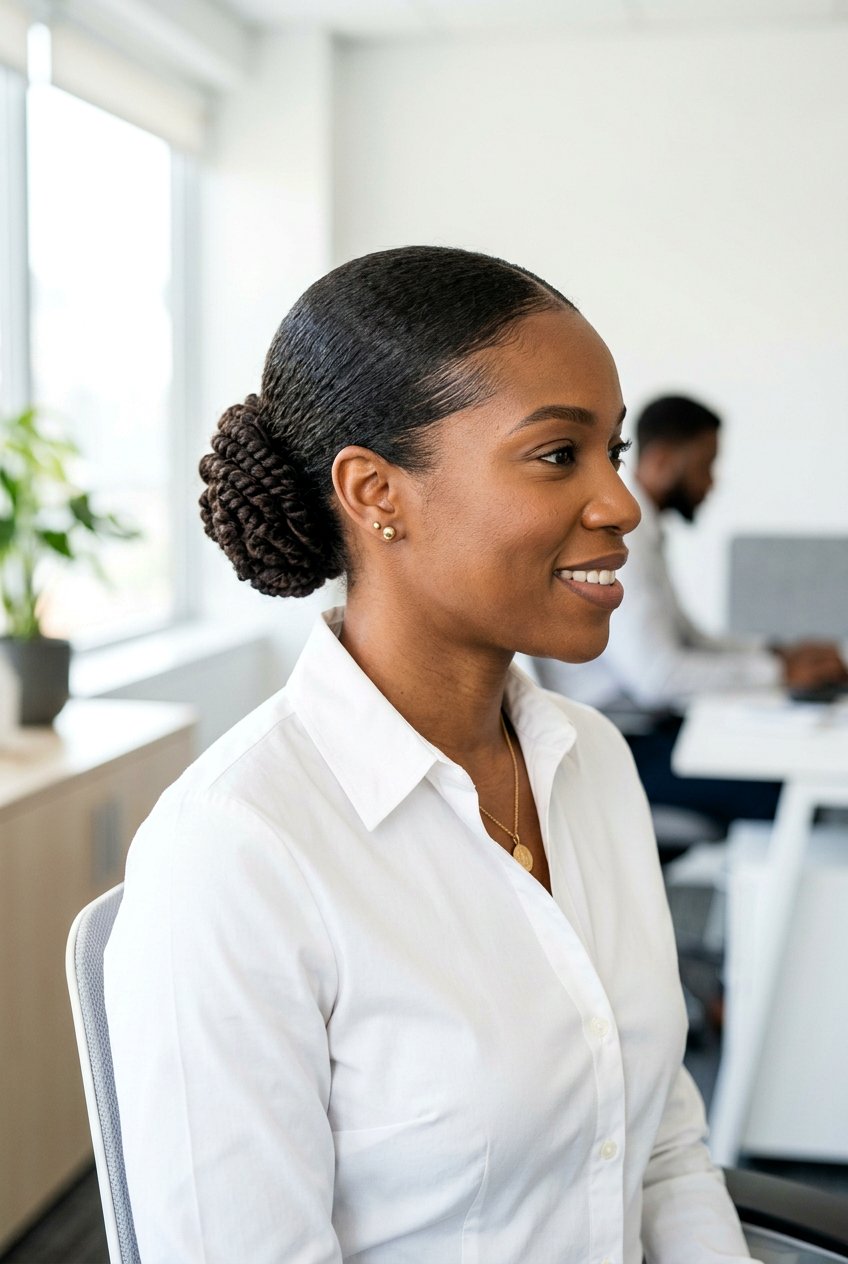 Low Bun On Natural Hair - 20 business bun hairstyle - 20 business bun hairstyle