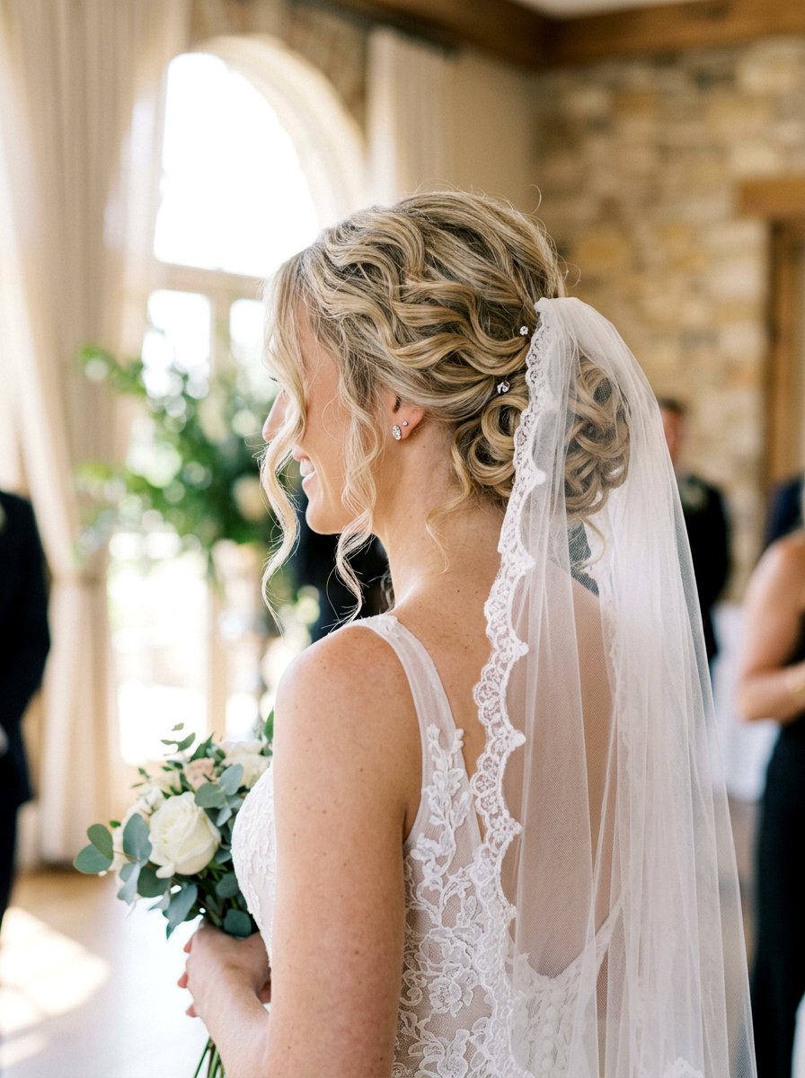 Low Bun Soft Curls Veil - 20 wedding hairstyles with soft curls and veil - 20 wedding hairstyles with soft curls and veil