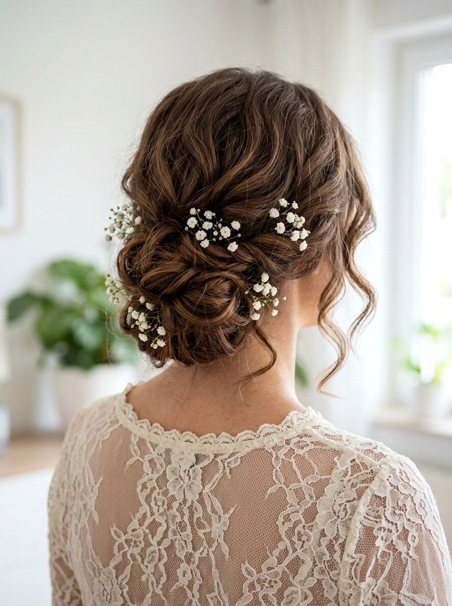 Low Bun Soft Waves With Baby Breath Flowers - 20 soft waves with flower clips - 20 soft waves with flower clips