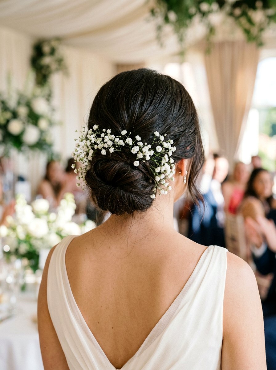 Low Bun With Baby Breath - 20 wedding hairstyles for garden ceremony - 20 wedding hairstyles for garden ceremony