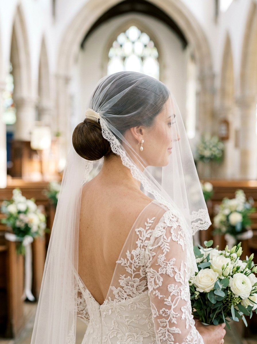 Low Bun With Blusher Veil - 20 veil friendly wedding updo - 20 veil friendly wedding updo
