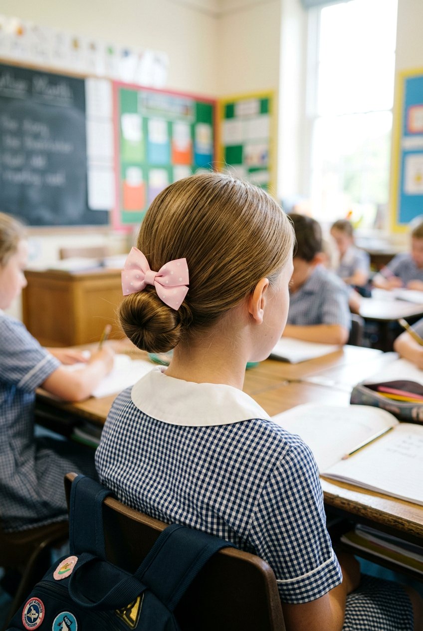 Low Bun With Bow For School Girls - 20 school bun hairstyle for girls - 20 school bun hairstyle for girls