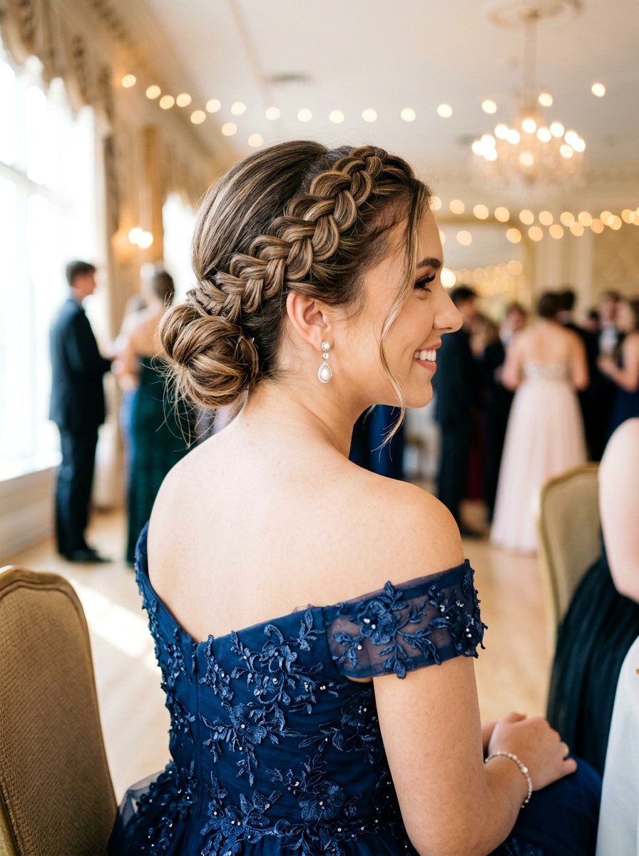 Low Bun With Braided Crown - 20 prom low bun for medium hair - 20 prom low bun for medium hair