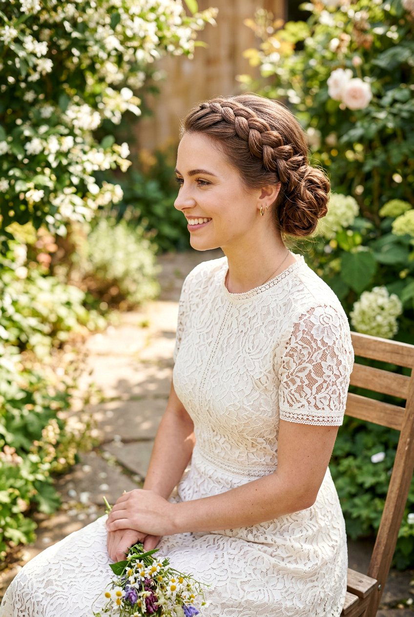 Low Bun With Braided Crown - 20 low bun wedding guest hairstyle - 20 low bun wedding guest hairstyle