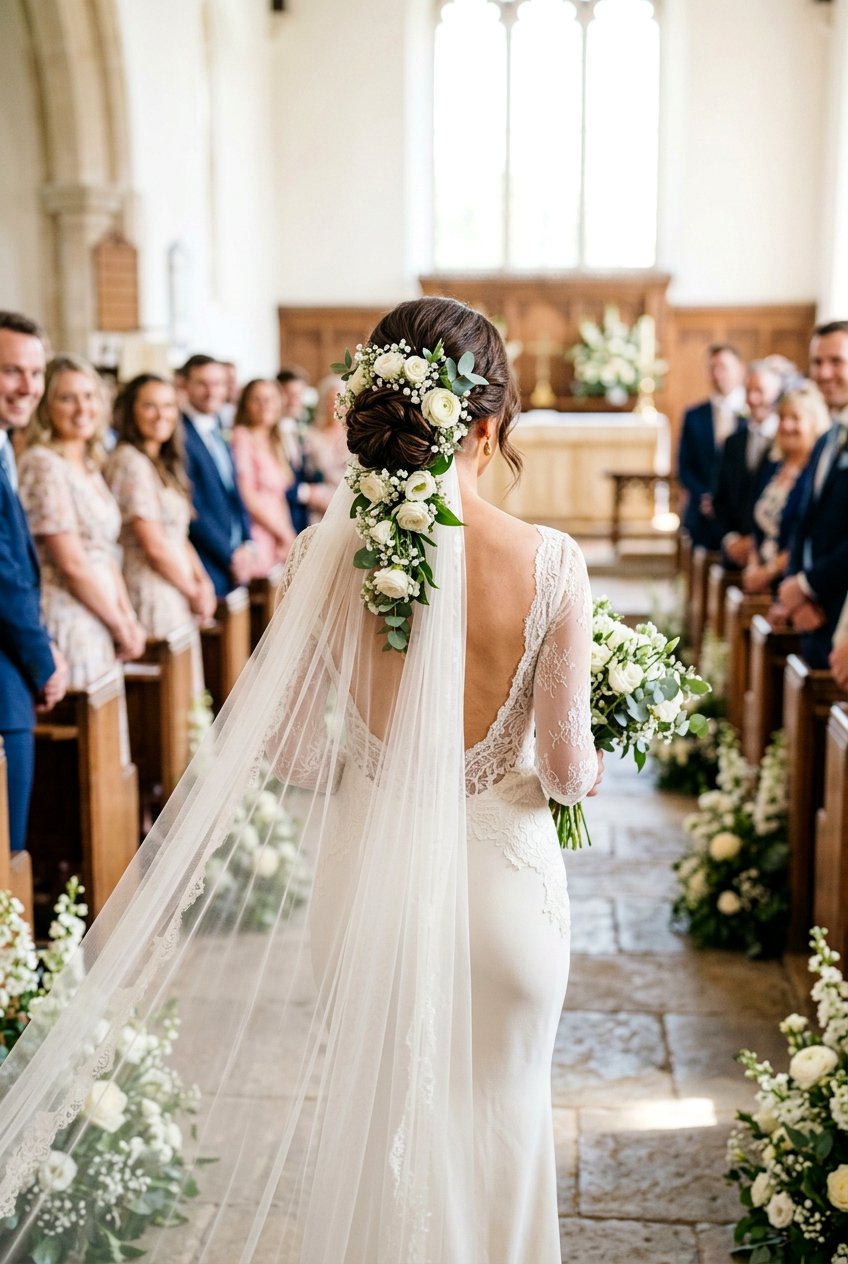 Low Bun With Cascading Flowers - 20 wedding bun with flowers - 20 wedding bun with flowers