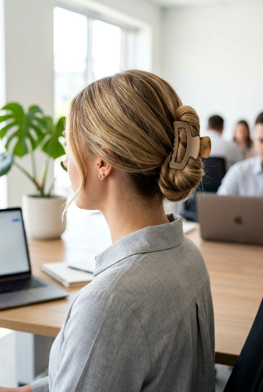 Low Bun With Claw Clip - 20 business bun hairstyle - 20 business bun hairstyle