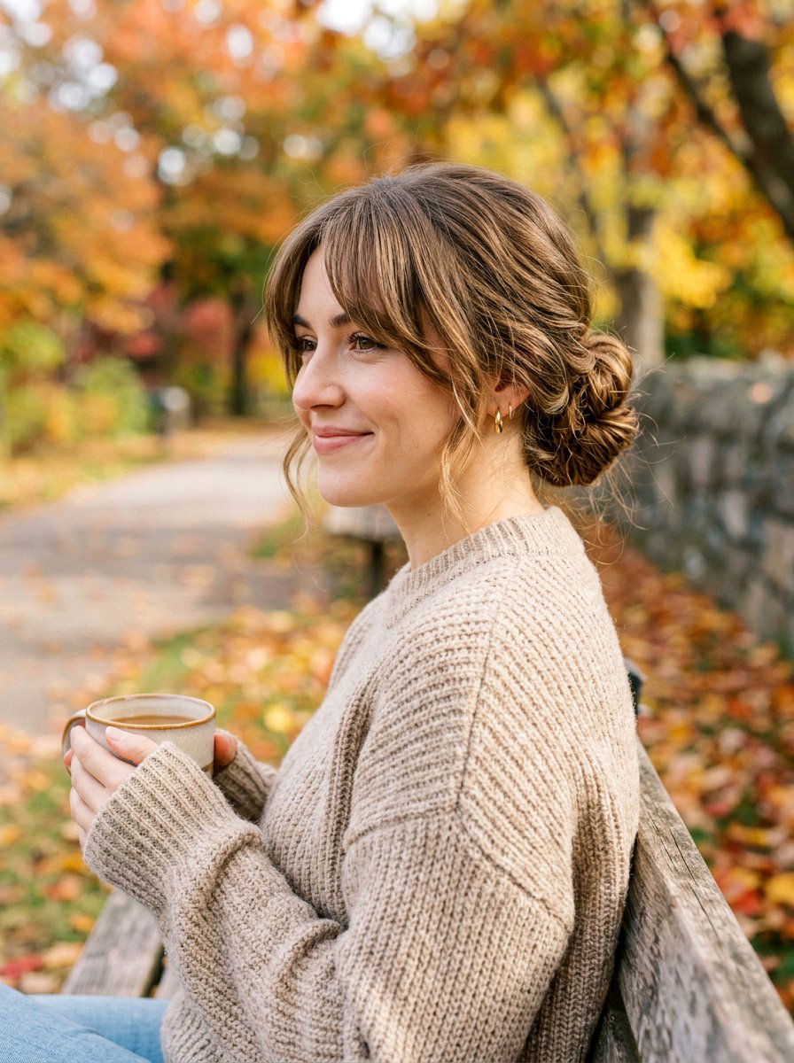 Low Bun With Curtain Bangs - 20 date night hairstyle with low bun - 20 date night hairstyle with low bun