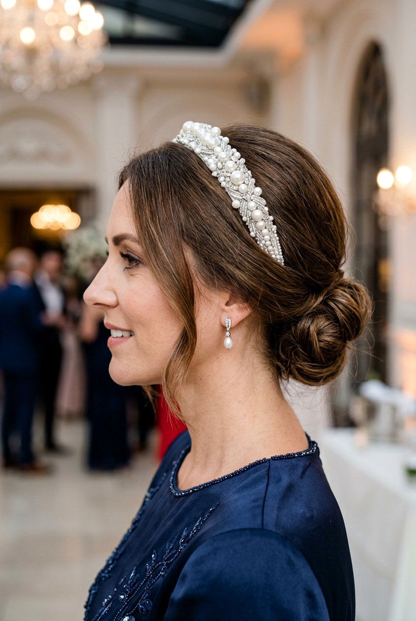 Low Bun With Embellished Headband - 20 headband hairstyles - 20 headband hairstyles