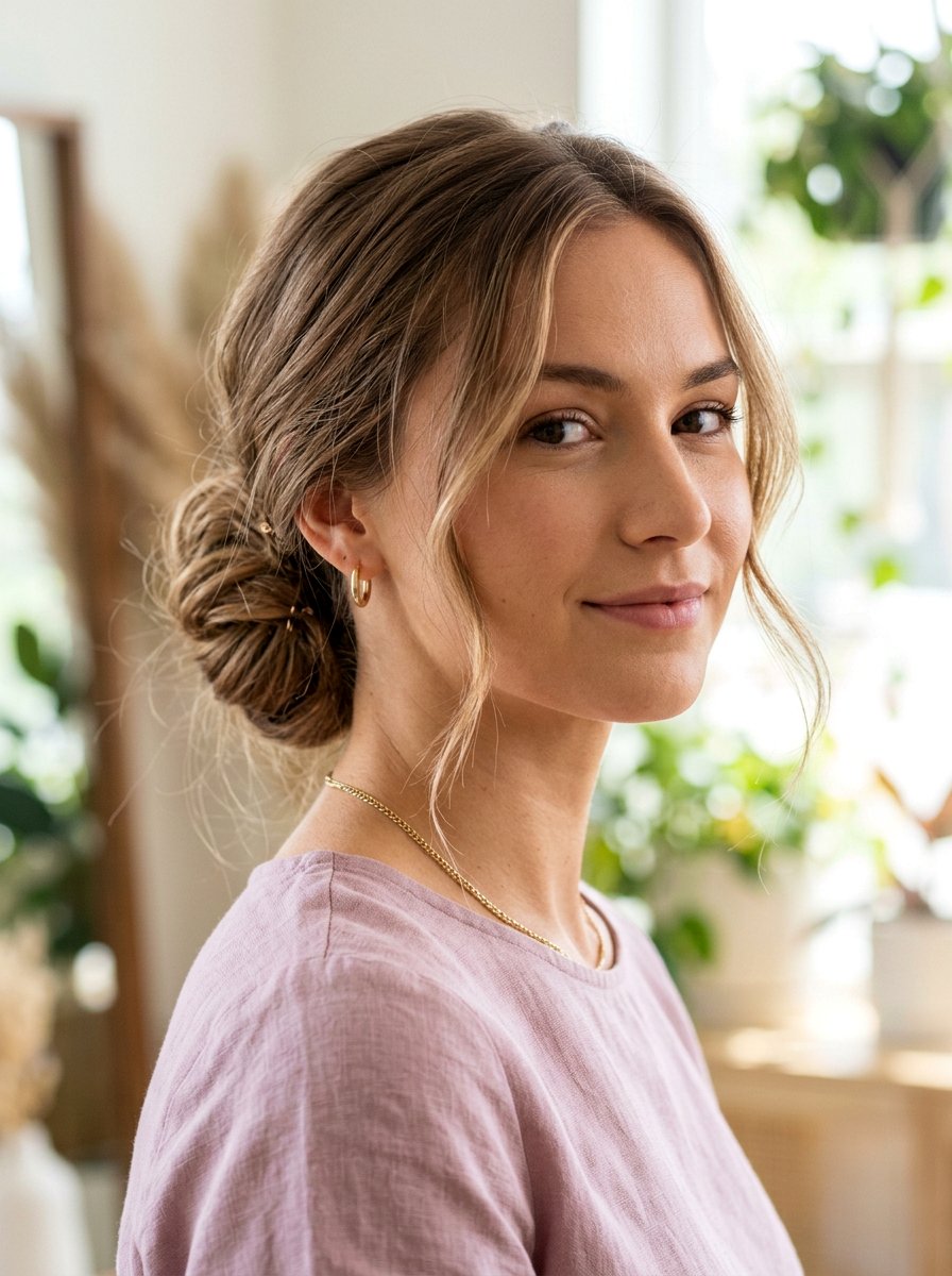 Low Bun With Face Framing Strands - 20 interview hairstyle with smooth low bun - 20 interview hairstyle with smooth low bun