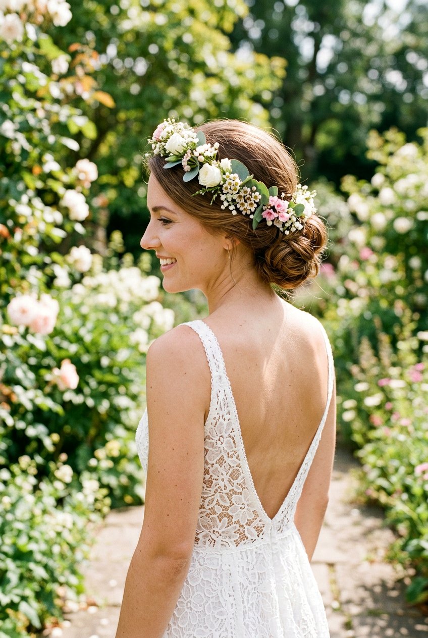 Low Bun With Floral Headband - 20 headband bun hairstyle - 20 headband bun hairstyle