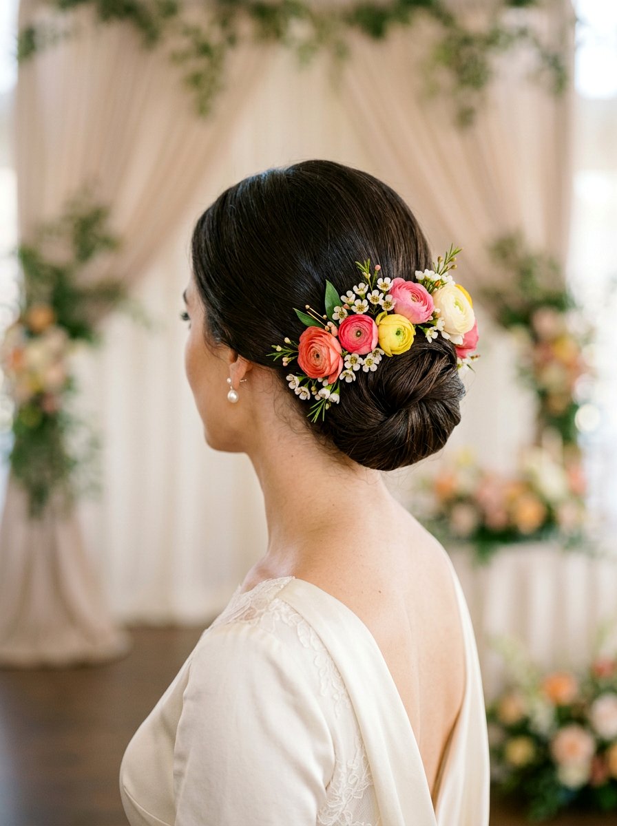 Low Bun With Floral Pins - 20 wedding hairstyles with flowers - 20 wedding hairstyles with flowers