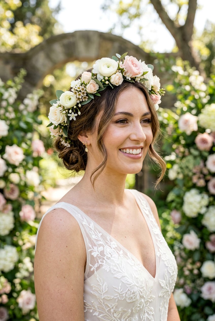 Low Bun With Flower Crown - 20 flower crown hairstyles - 20 flower crown hairstyles