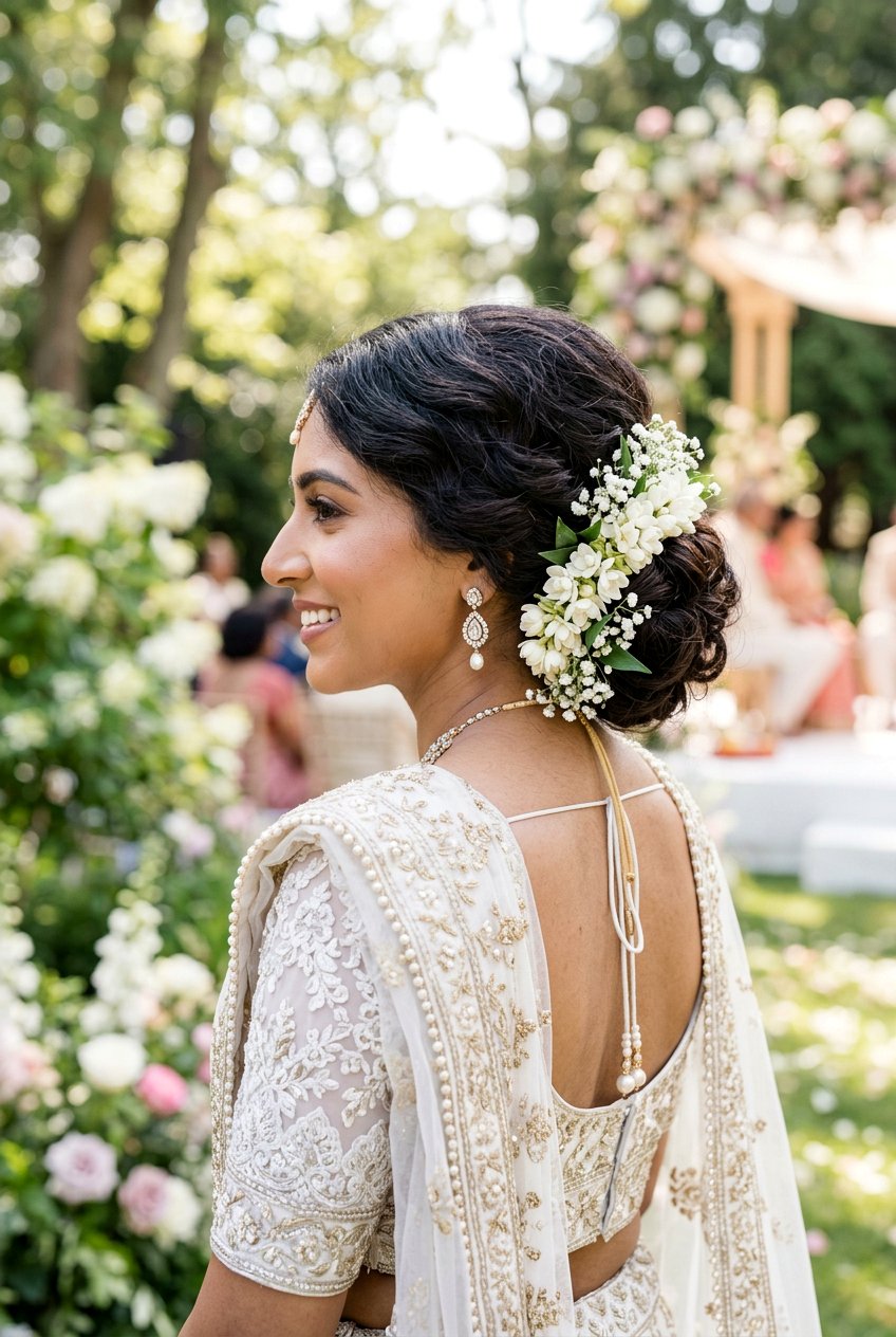 Low Bun With Fresh Flowers - 20 bridal hairstyles with fresh flowers - 20 bridal hairstyles with fresh flowers