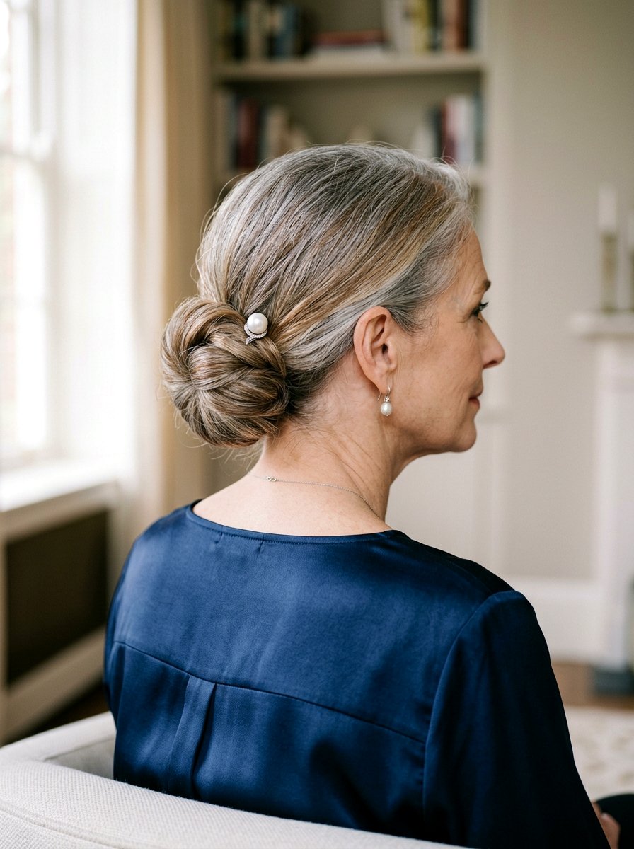 Low Bun With Hair Accessories - 20 classy low bun hairstyle for older women - 20 classy low bun hairstyle for older women