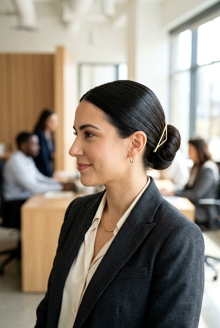 Low Bun With Hair Clip Accent - 20 neat low bun for office - 20 neat low bun for office