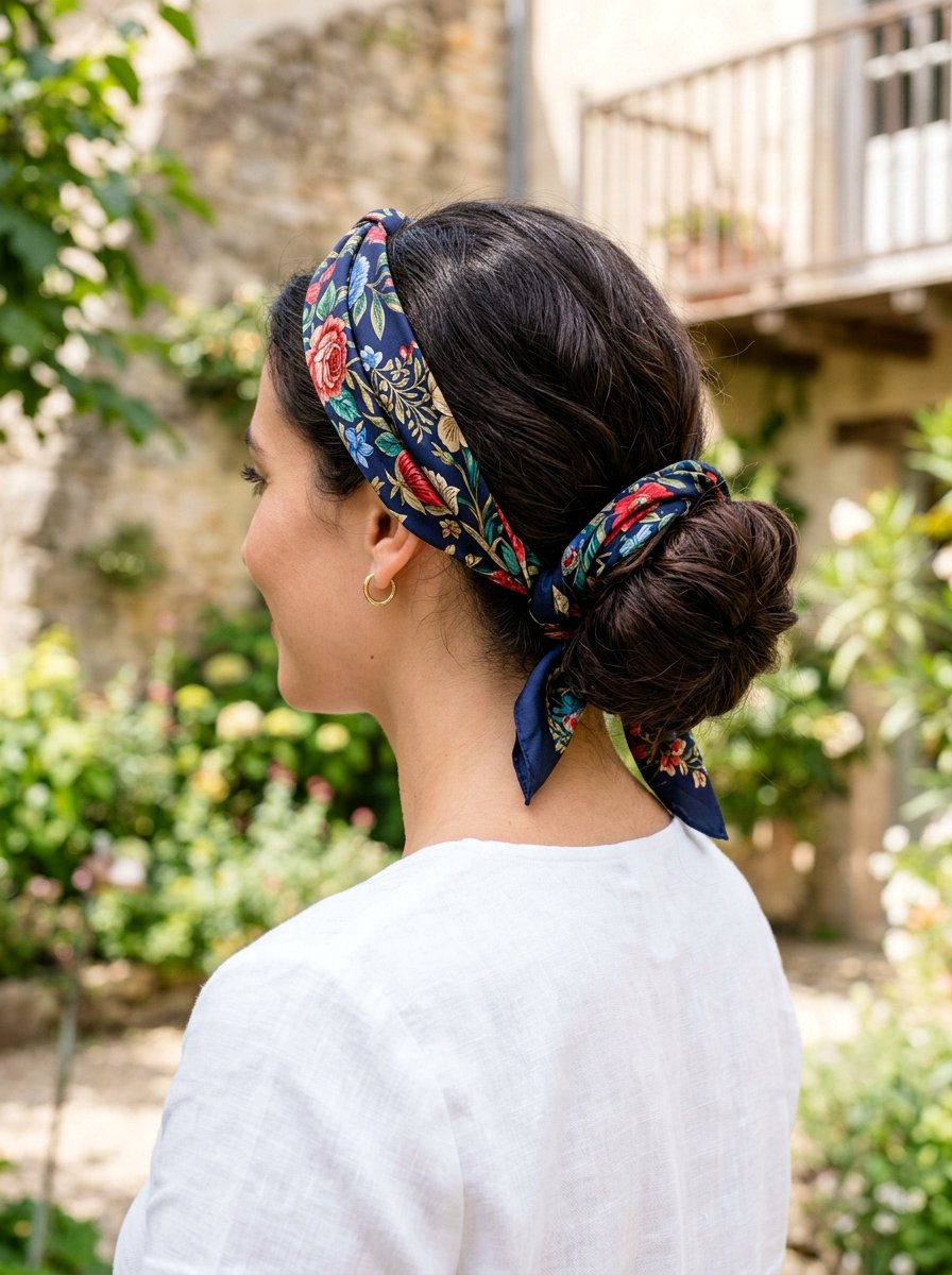 Low Bun With Headband Scarf - 20 tidy bun for office mornings - 20 tidy bun for office mornings