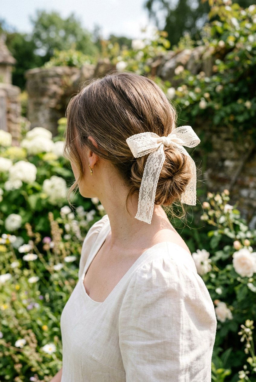 Low Bun With Lace Ribbon - 20 coquette hairstyle with ribbon bow - 20 coquette hairstyle with ribbon bow