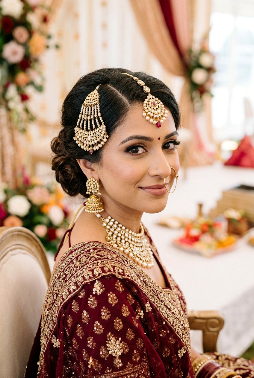 Low Bun With Maang Tikka And Passa - 20 desi bridal bun hairstyle - 20 desi bridal bun hairstyle