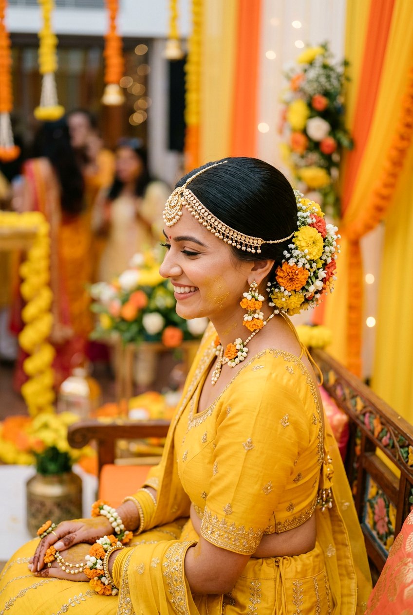 Low Bun With Maang Tikka Haldi Hairstyle - 20 haldi hairstyles for bride - 20 haldi hairstyles for bride