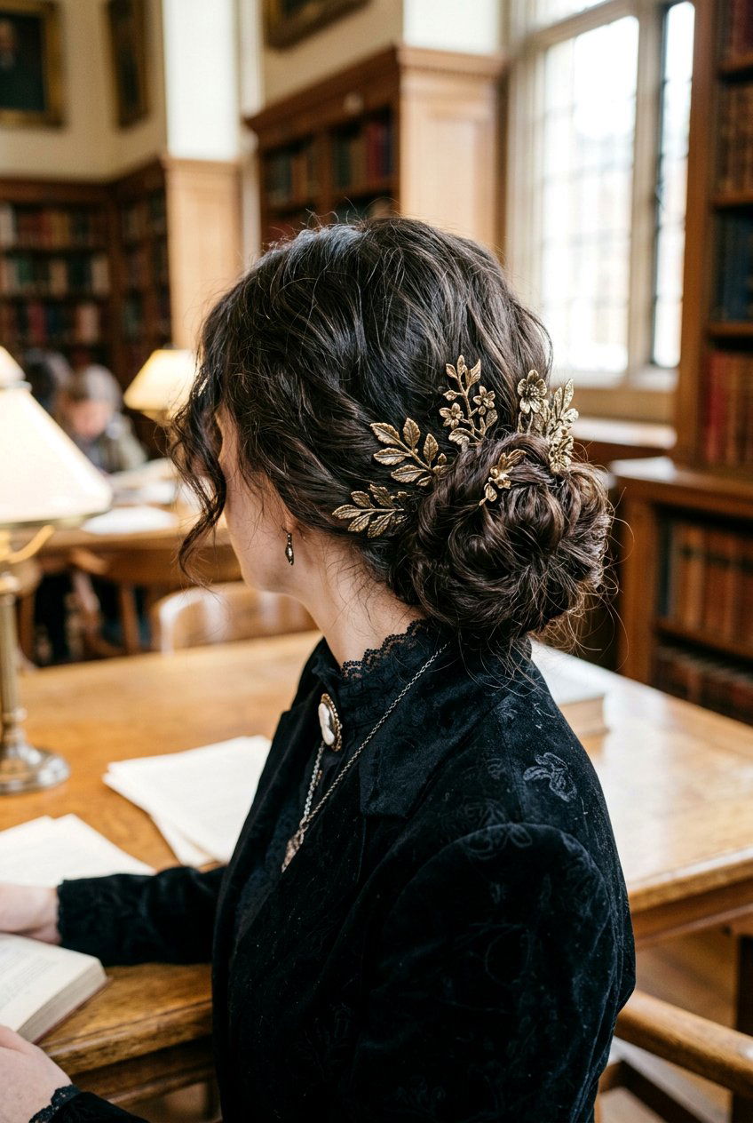 Low Bun With Metal Pins - 20 dark academia low bun hairstyle - 20 dark academia low bun hairstyle