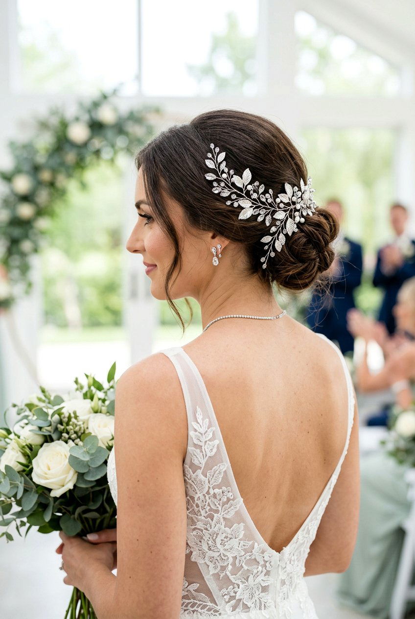 Low Bun With Metallic Hair Vine - 20 low bun for mother of the bride - 20 low bun for mother of the bride