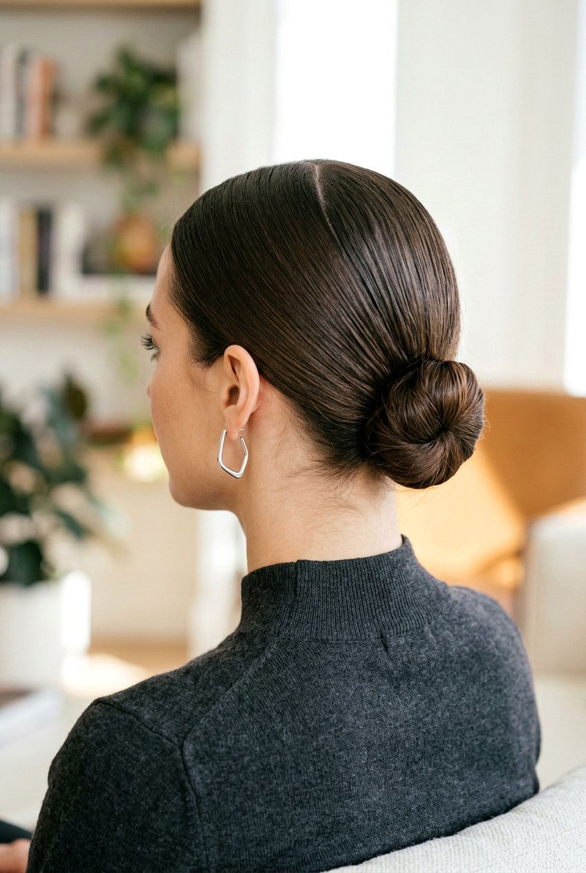 Low Bun With Middle Part - 20 school hairstyle with low bun - 20 school hairstyle with low bun