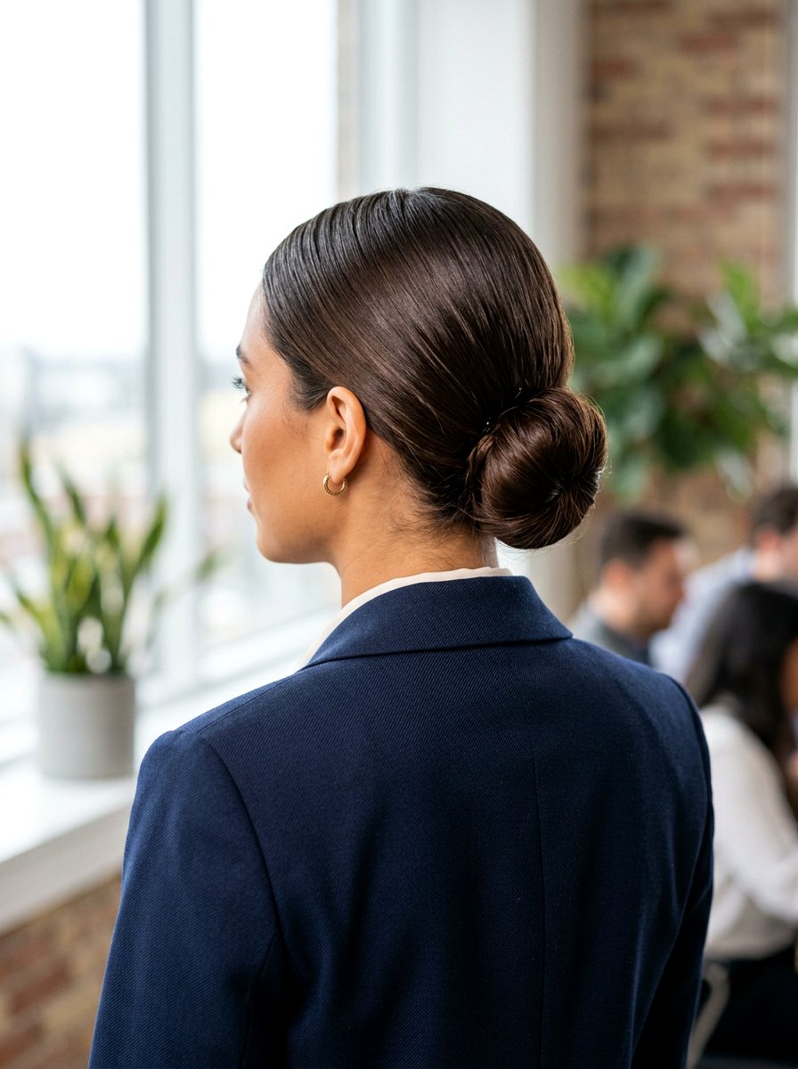 Low Bun With Middle Part - 20 no fuss interview hairstyle for women - 20 no fuss interview hairstyle for women