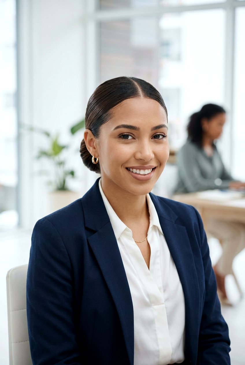 Low Bun With Middle Part And Flyaway Control - 20 neat low bun for office - 20 neat low bun for office