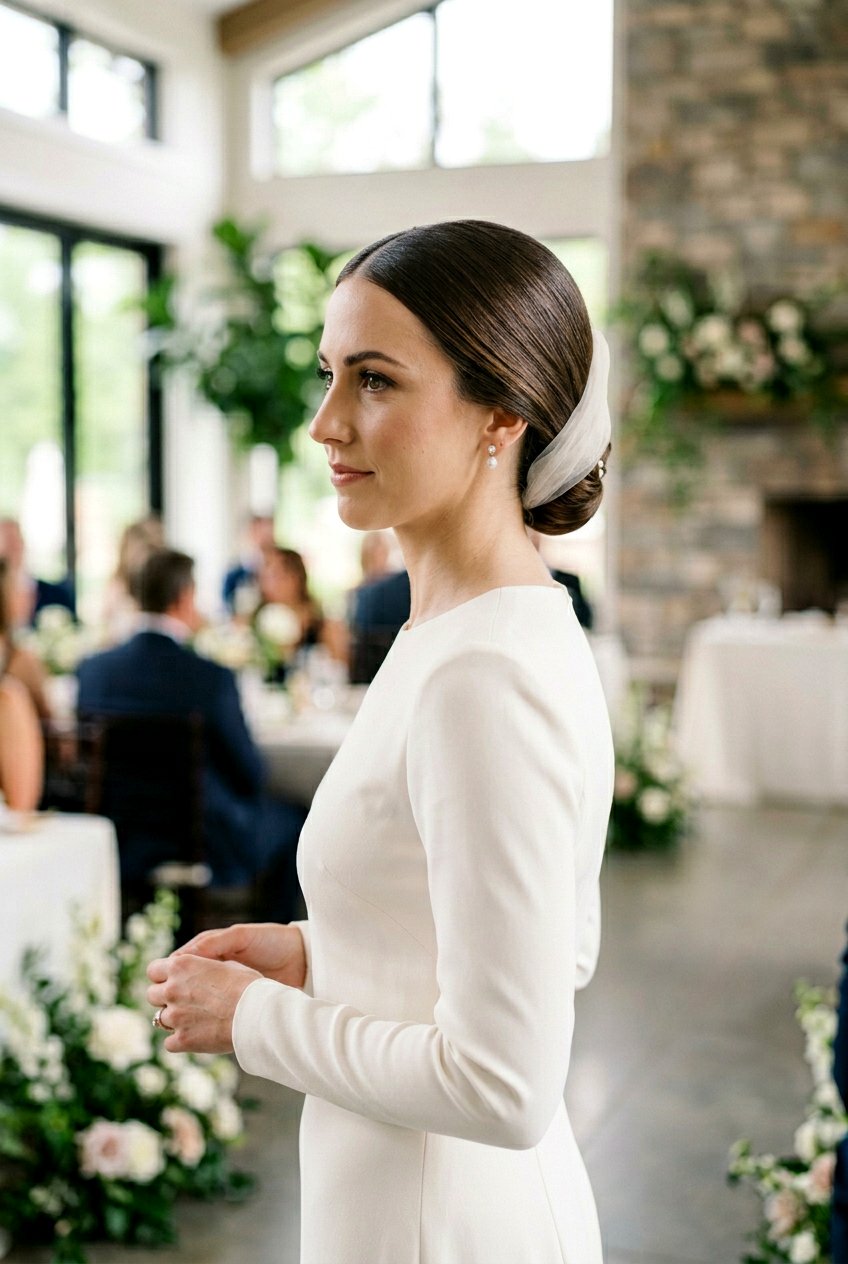 Low Bun With Middle Part And Veil Inspired Tuck - 20 low bun wedding guest hairstyle - 20 low bun wedding guest hairstyle