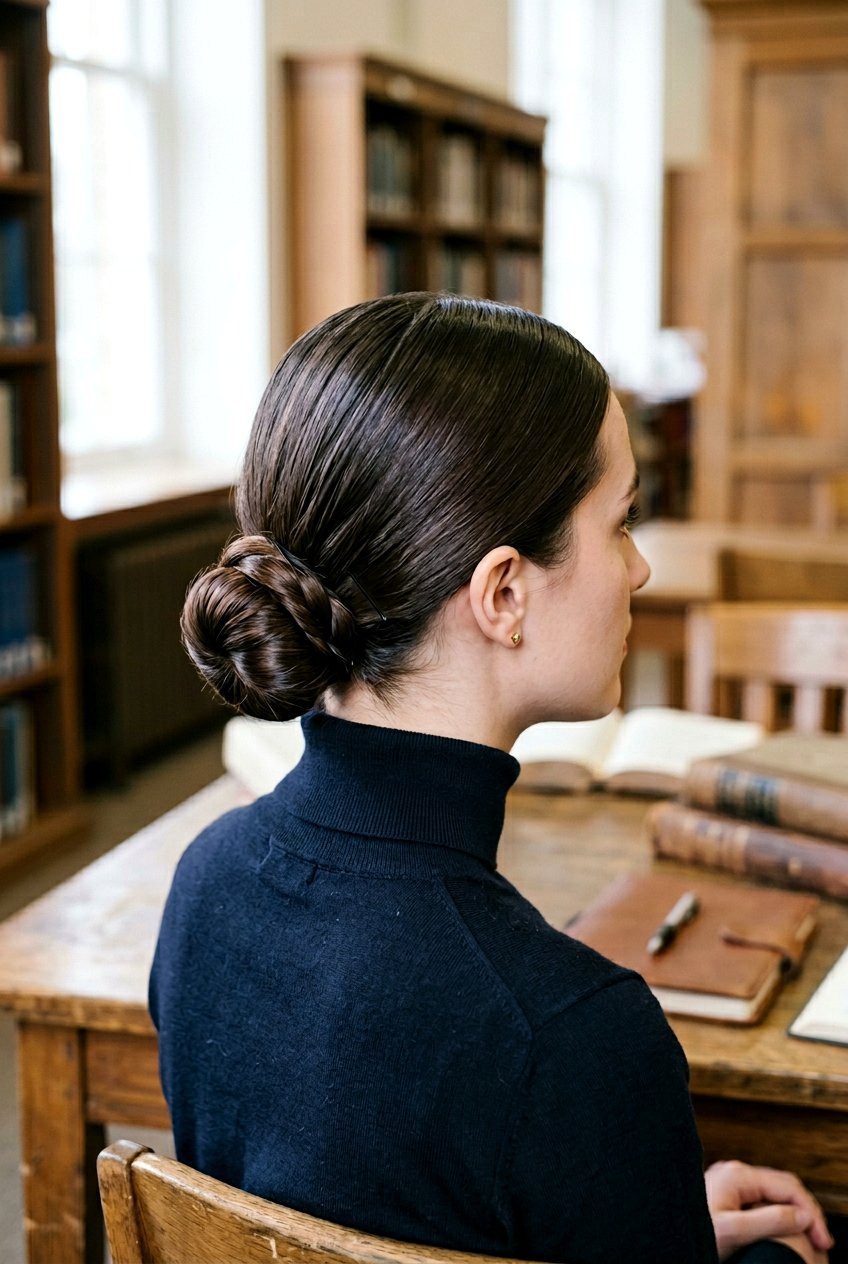 Low Bun With Middle Part - 20 dark academia low bun hairstyle - 20 dark academia low bun hairstyle