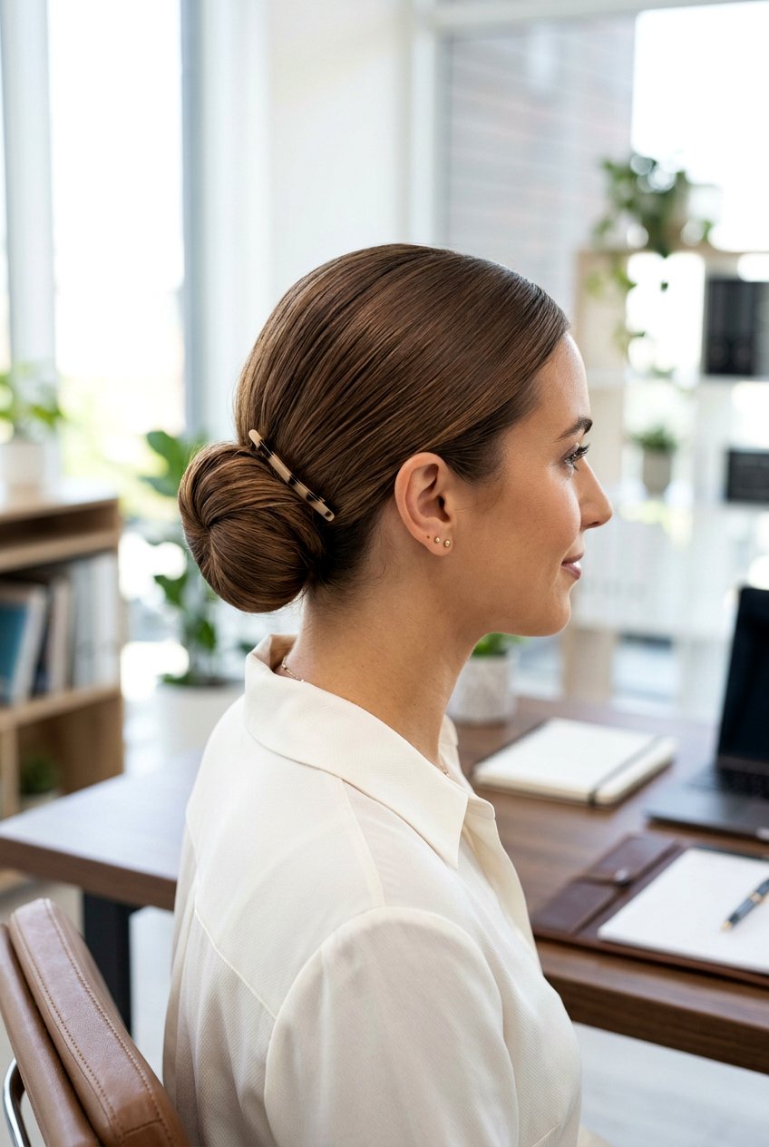 Low Bun With Minimal Accessories - 20 minimalist office bun hairstyle - 20 minimalist office bun hairstyle