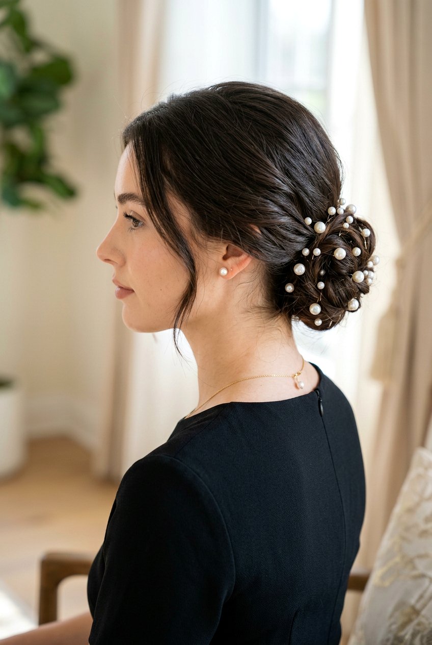 Low Bun With Pearl Accessories - 20 low bun wedding guest hairstyle - 20 low bun wedding guest hairstyle