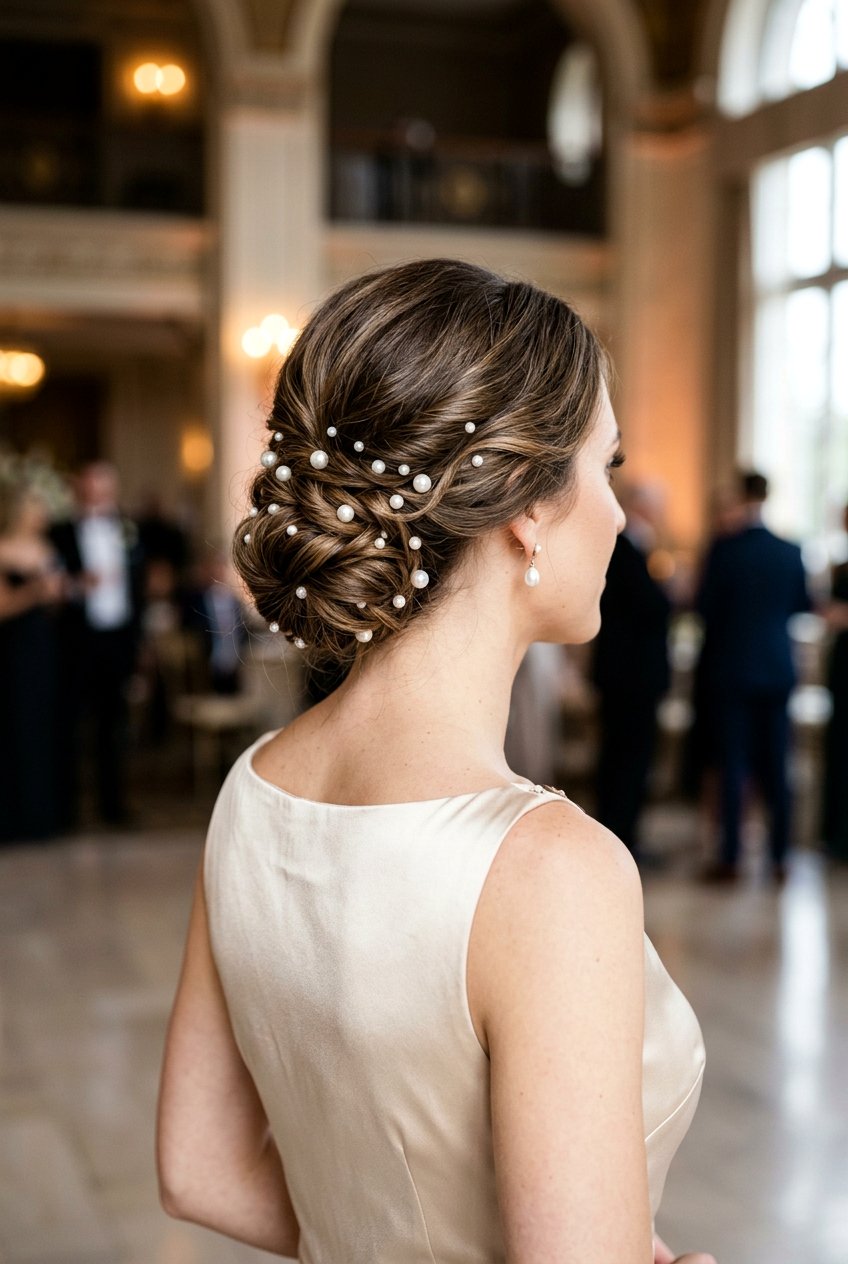 Low Bun With Pearl Accessories - 20 prom hairstyle with low textured bun - 20 prom hairstyle with low textured bun