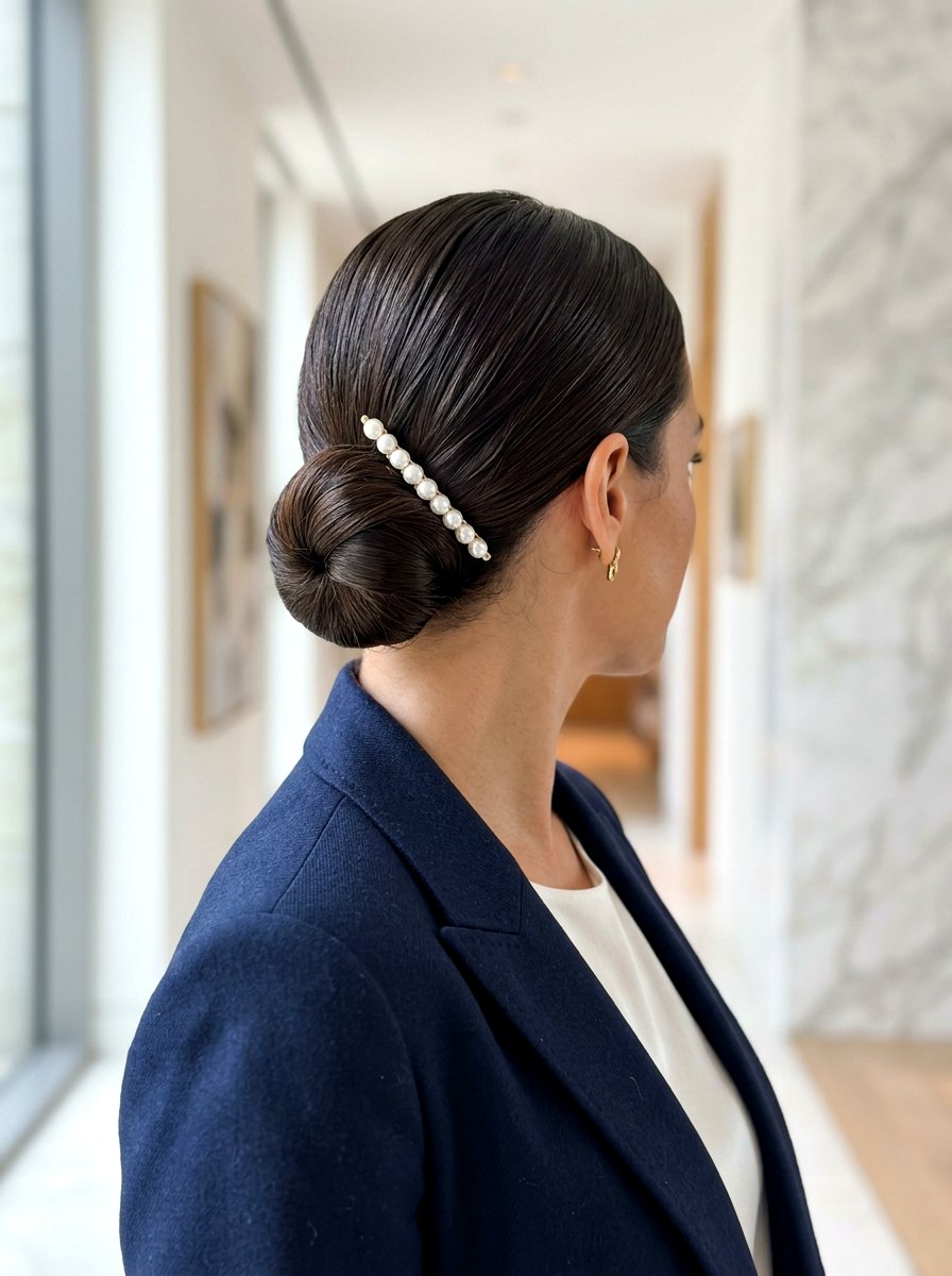 Low Bun With Pearl Barrette - 20 office hairstyle with pearl barrette