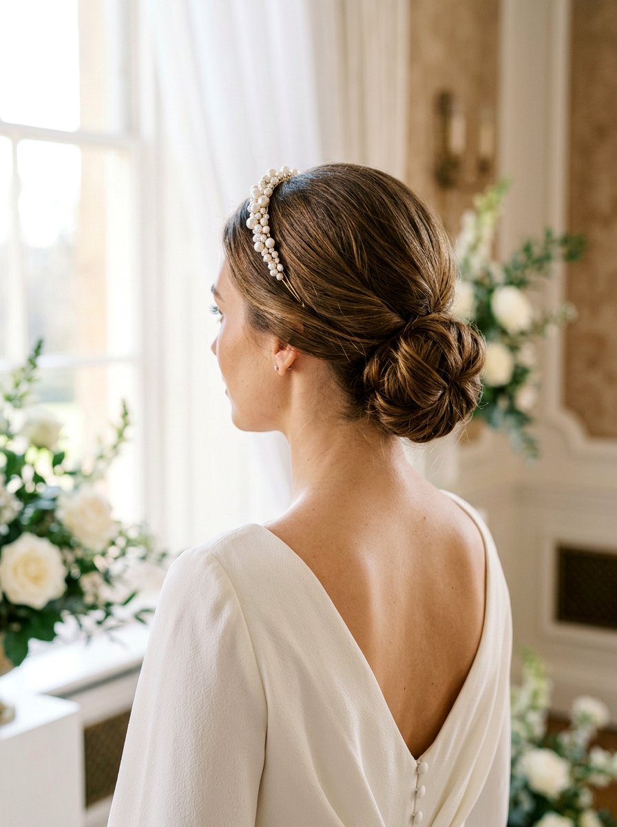 Low Bun With Pearl Headband - 20 pearl embellished bun hairstyle - 20 pearl embellished bun hairstyle