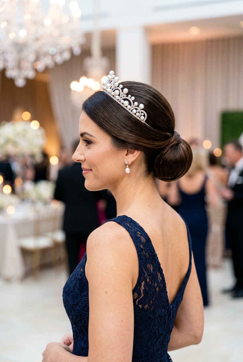 Low Bun With Pearl Tiara - 20 birthday hairstyle with low bun and pearls - 20 birthday hairstyle with low bun and pearls