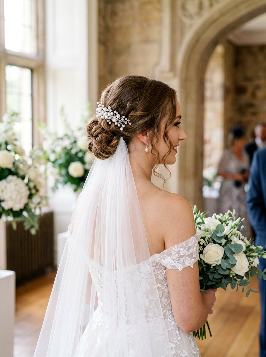 Low Bun With Pearl Veil Comb - 20 pearl embellished bun hairstyle - 20 pearl embellished bun hairstyle